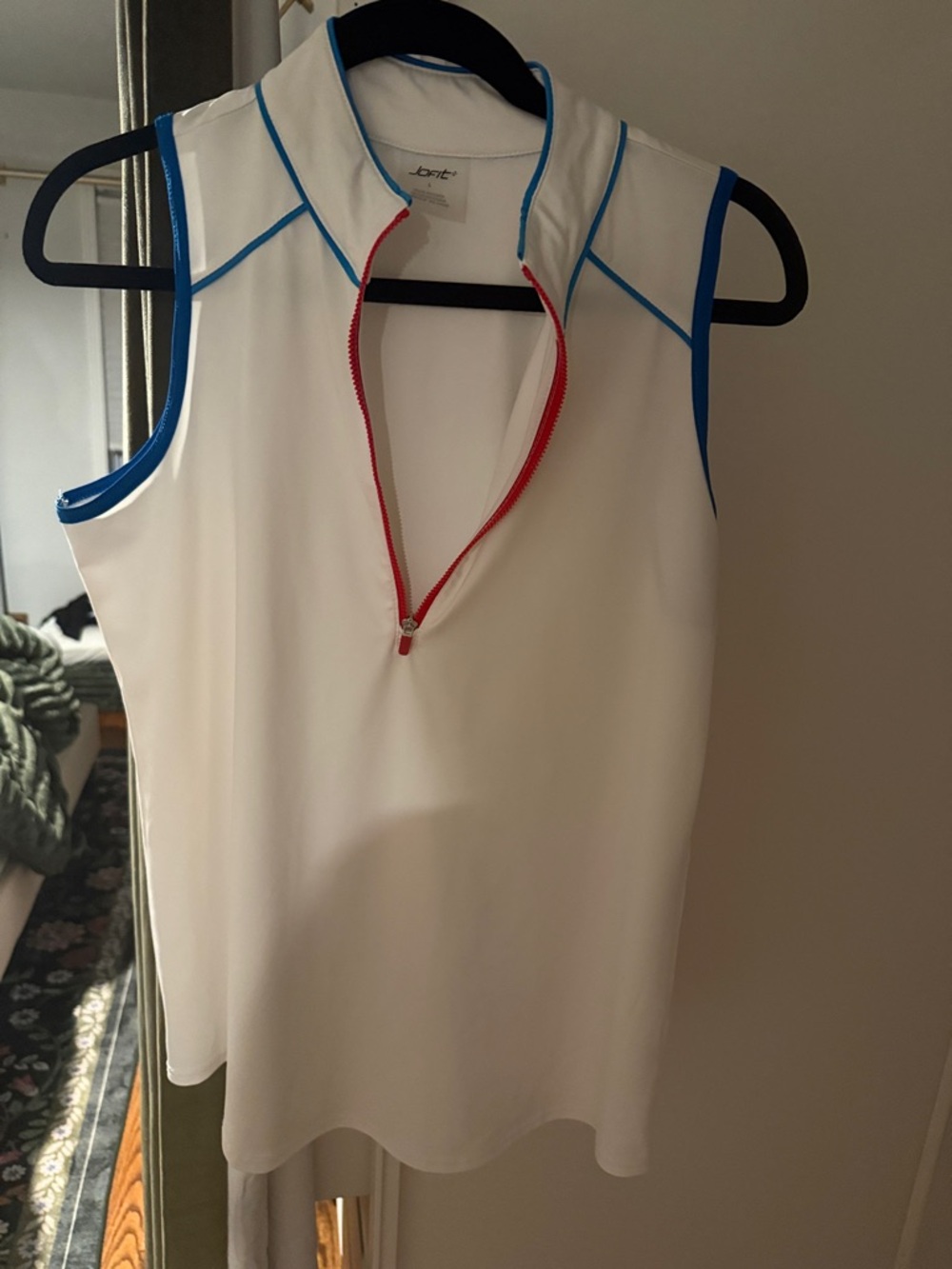 Jofit White Sleeveless Polo Tank with Blue Trim and Red Zipper